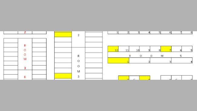 Map of the farm. The pens holding any tagged animal are shown in yellow
