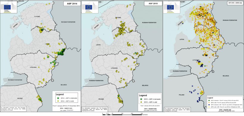 Charts 4, 5 and 6. Evolution of the African swine fever outbreaks since 2014. Source of the charts: European Commission
