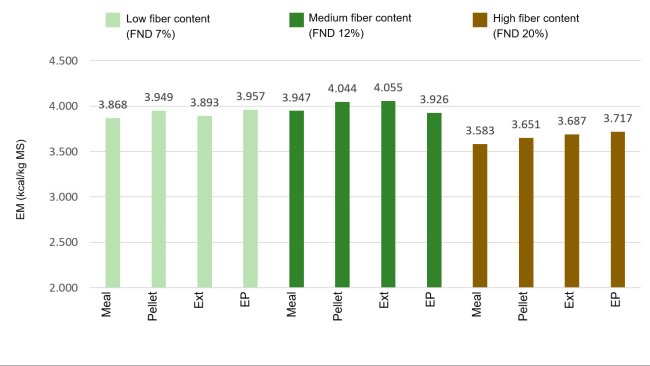 Figure 1: Effects of fiber contents and technological treatment of the diets on the metabolizable energy value (ME) kcal/kg DM (Rojas et al, 2016)