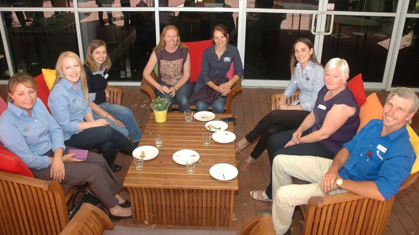 Relaxing at the 2017 WA Pig Day Out, Megan Trezona and Ingunn Stensland, both of Linley Valley Pork, Pork CRC PhD candidate Diana Turpin of Murdoch University, Karen Moore of PIWA, Vanessa Morris of Portec, Taya Clarke of Westpork, Emalyn Loudon of PIWA and Brendan Howard, producer of Wannamal.
