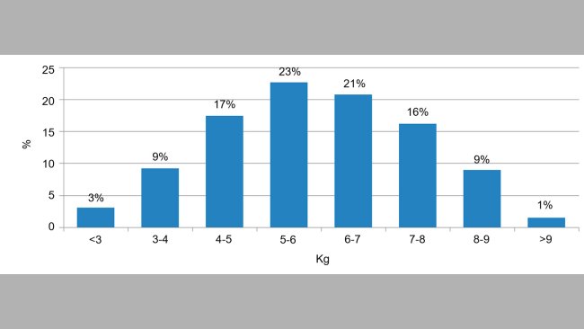 Figure 2. Population distribution by weight at weaning. The difference between the lightest 5% and the heaviest 5% is around 6kg
