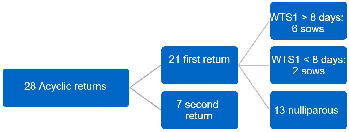 <p>Figure 2. Distribution of irregular&nbsp;returns. Second quarter of 2017. WTS1 = Weaning-to-first service interval.</p>

