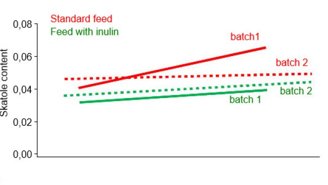 Skatole content (ppm) in both batches using standard feed or inulin supplementation diet on skatole sire Estimated Breeding Value (M. Hortós; J. A. García-Regueiro; E. Esteve; R. Lizardo; P. Knap and A. Diestre (2015).