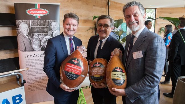 Victorian Minister for Employment & Industry Ben Carroll with D'Orsogna Directors Eugene D'Orsogna and Marco D’Orsogna at the launch at Merrifield Business Park, Melbourne, where construction has begun on a $66 million state-of-the-art 10,858m2 food manufacturing facility for D’Orsogna.