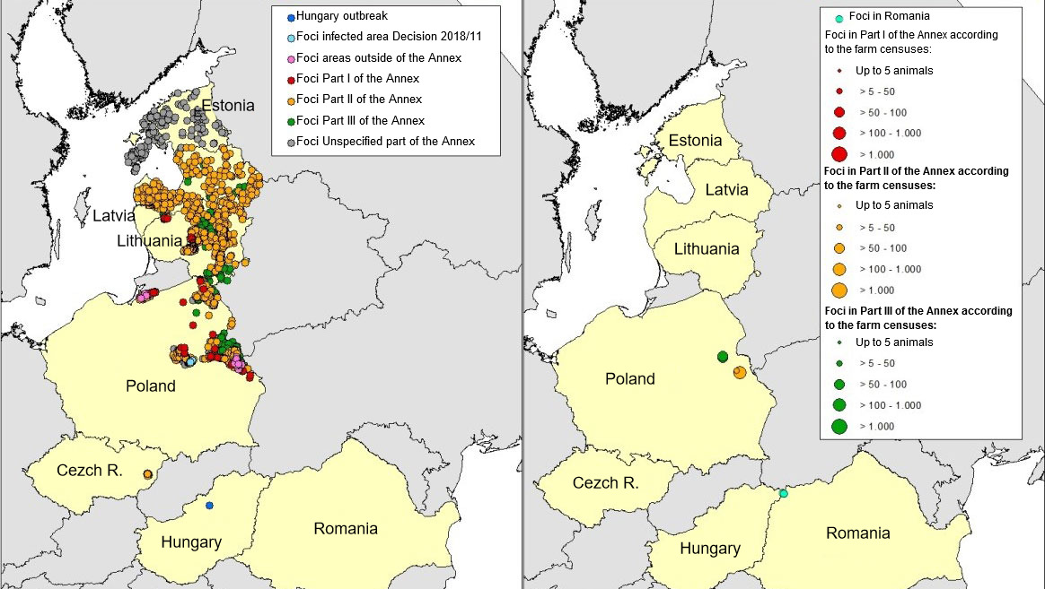 <p>Map of ASF foci in wild boar (left) and domestic pigs (right) notified in Estonia, Latvia, Lithuania, Poland, Czech Republic and Romania in 2018 (until April 25th, 2018) (Source: RASVE-ADNS)</p>