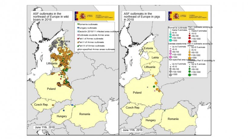 Map of the outbreaks declared in Estonia, Latvia, Lithuania, Poland, the Czech Rep. and Romania in 2018 (until June 11th, 2018) (Source: RASVE-ADNS)
