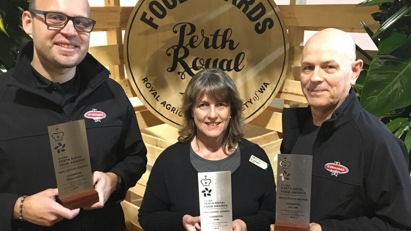 D&rsquo;Orsogna was a big winner at the 2018 Perth Royal Show Branded Meat Awards. Here, Jamie Neri, D&#39;Orsogna Sales Manager and Paul Butcher, D&#39;Orsogna Marketing Manager accept the three awards from Royal Agricultural Society of WA&rsquo;s Councillor in Charge Dr Jo Pluske.
