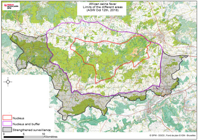 Limits of the different areas under restrictions due to ASF in wild boars
