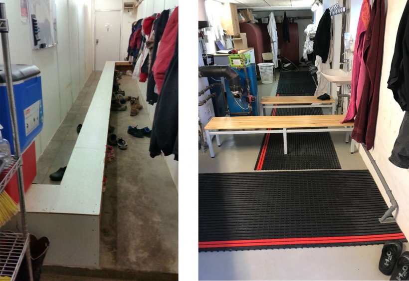 Left: Picture 3. Physical segregation of zones using a bench. Outside footwear and jackets remain on the outside of the barrier. Courtesy of Dr. Tim Snider

Right: Picture 4. Danish entry. Physical segregation of zones by benches. Hand sanitation station in the transition zone.&nbsp; Courtesy of Dr. Tim Snider
