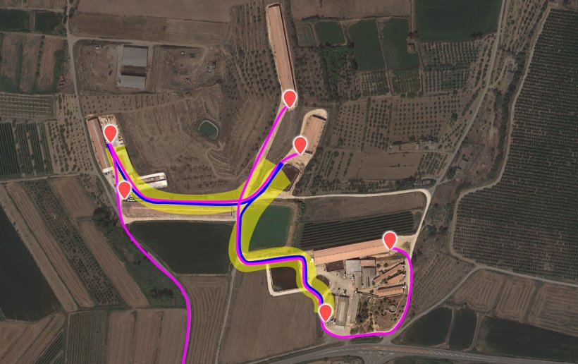 Picture 3. Current flow pattern of animal movement vehicles. The internal truck has been represented in blue and the external in fucsia. Area in yellow highlights the cross-contamination risk area.
