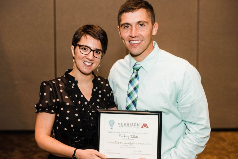 University of Minnesota veterinary professor Perle Zhitnitskiy, DVM, MSpVM, congratulates Zack Talbert, a University of Illinois veterinary student who won the annual Morrison Swine Innovator Prize.
