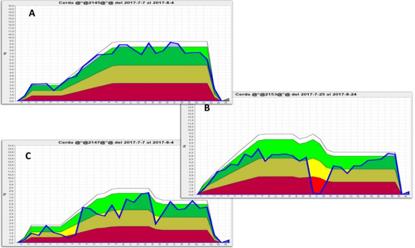 Figure 2. Graphical representation of lactating sows&#39;&nbsp;consumption obtained by the use of electronic feeders. A) normal consumption pattern;&nbsp;B) significant drop; and C) small drops in consumption throughout lactation. The green area shows the ideal intake for that particular sow, the yellow area&nbsp;warns&nbsp;that intake is decreasing and the red area represents a strong deviation from the normal consumption pattern and a high risk of&nbsp;poor reproductive performance in the future. Source:&nbsp;GESTAL SOLO, JYGA Technologies.
