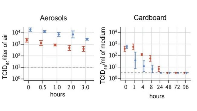 The titer of aerosolized viable virus is expressed in 50% tissue-culture infectious dose (TCID50) per liter of air. Viruses were applied to copper, cardboard, stainless steel, and plastic maintained at 21 to 23°C and 40% relative humidity over 7 days. The titer of viable virus is expressed as TCID50 per milliliter of collection medium. All samples were quantified by end-point titration on Vero E6 cells. Plots show the means and standard errors ( bars) across three replicates.