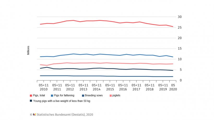 Pig population in Germany. The survey reference dates are 3 May and 3 November of each year; May 2020: provisional results.
