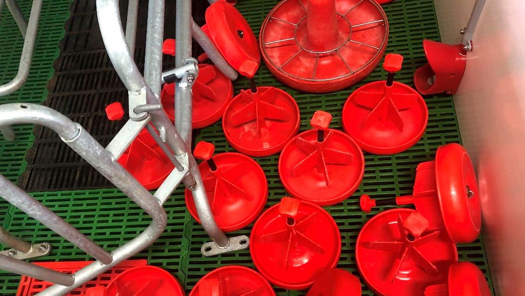Photo 1. When cleaning the farrowing room, do not forget about equipment such as piglet feeders, lights, and other materials that are transferred between rooms.
