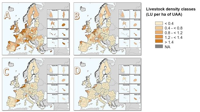Livestock density within the European Union in 2016 for: (a) all livestock, (b) all bovines, (c) pigs and (d) poultry. Estimated by dividing the number of livestock units by the utilised agricultural area (UAA) within each NUTS 2 region. Source: Eurostat, March 2020; maps created by Matteo Sposato, SRUC.