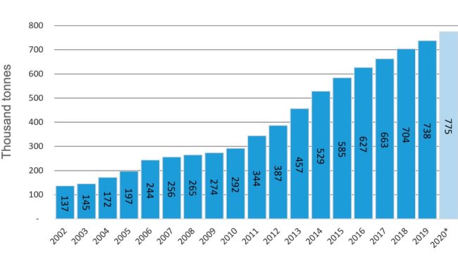 Graph 1. Evolution of production 2002/20. Source: Ministry of Agriculture, Livestock and Fisheries of Argentina (MAGyP) and own data - Year 2020 projected data.