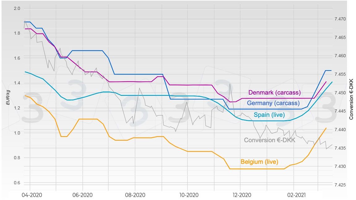 Graph&nbsp;2. Evolution of pig prices in Germany, Spain, Denmark, and Belgium.
