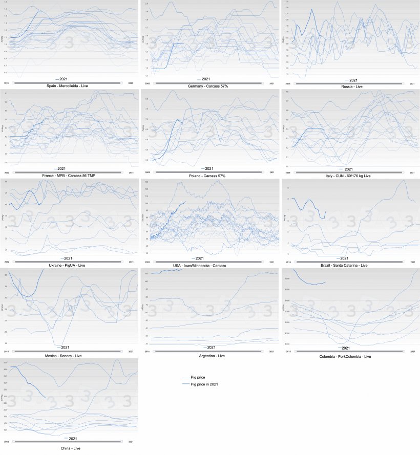 Figure&nbsp;2. Evolution of the pig price (blue) by year&nbsp;for different countries.&nbsp;The thick line represents the price in 2021.
