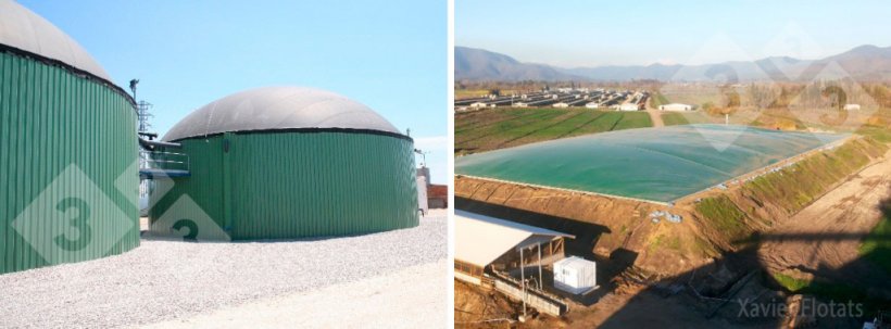 Figure 2. Typical digesters in the swine industry. Left: Anaerobic complete mix reactor with co-digestion on a pig farm (courtesy of Ecobiogas, Vila-sana, Lleida); Right: Covered anaerobic lagoon with gas recovery (courtesy of Agrícola AASA, Chile).