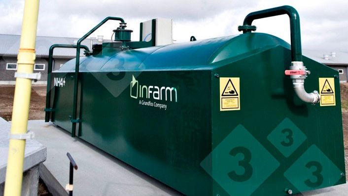 Figure 2. Acid storage tank on a pig farm in Denmark, that acidifies the slurry in the pits of the barn and outside storage in a controlled and automatic way.
