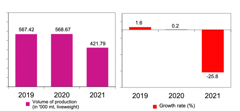Volume of hog production and annual growth rate, Philippines January - March 2019 - 2021 (preliminary). Source: Philippines Statistics Authority.
