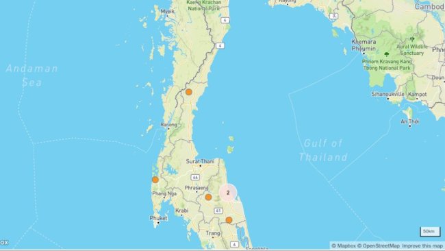 ASF outbreaks and outbreak clusters in Thailand. © OpenStreetMap contributors. https://www.openstreetmap.org/copyright