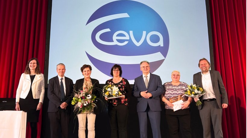 From left to right: Thekla Kurz, CEO of Ceva Innovation Center; Marc Prikazsky, Chairman &amp; CEO of Ceva Sant&eacute; Animale; Ute Krueger, Ceva organizer of the event; Christina Meissner, Technician on the Dessau site since 1984; Reiner Haseloff, Prime minister of Saxony-Anhalt; Sonja Schuckert, Animal Care taker on the Dessau site since 1992; Carsten Klocke, Shareholder of Ceva.
