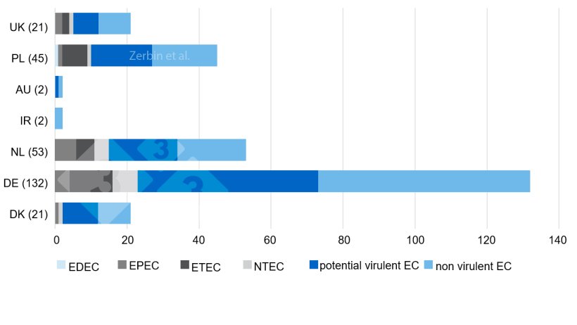 Figure 3. Number and distribution of E. coli types from a total of 276 isolates per country of origin. Number of isolates per country in brackets. (pot vir: potentially virulent; non vir: probably nonvirulent)
