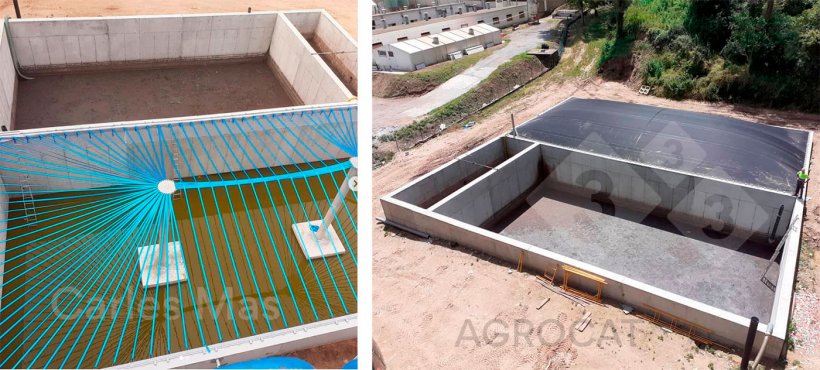 Photo 1: Aerial view of the existing rope structure under the propylene tarp. Photo 2: Aerial view of the biogas plant which consists of a reception area for fresh slurry, anaerobic digestion area, and digestate storage area.
