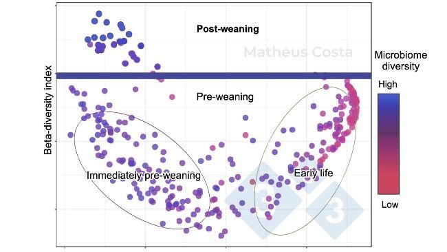 Figure 1. Scatter plot showing the associations between the microbiome composition of pigs during early life (0-7 days), immediately pre-weaning (21 days), and after weaning (100 days). The largest shift is observed between pre-weaning and post-weaning samples. Alpha diversity is at its peak after weaning (shown as “microbiome diversity”).