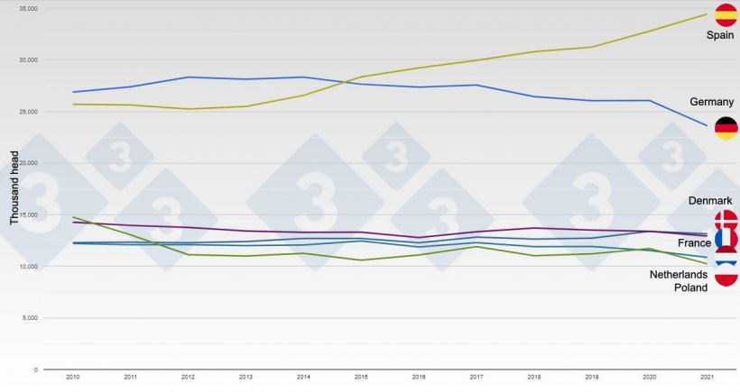 Evolution of the pig inventory in the leading European producing countries between 2010 and 2021.
