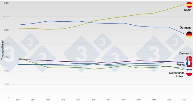 Evolution of the pig inventory in the leading European producing countries between 2010 and 2021.
