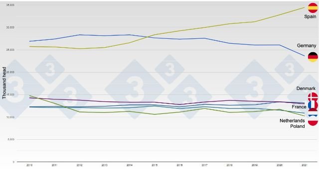 Evolution of the pig inventory in the leading European producing countries between 2010 and 2021.