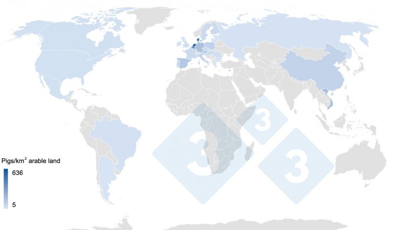 Number of pigs/km2 of arable land in the main global producing countries in 2020. Arable land data: World Bank. Inventory&nbsp;data: 3tres3
