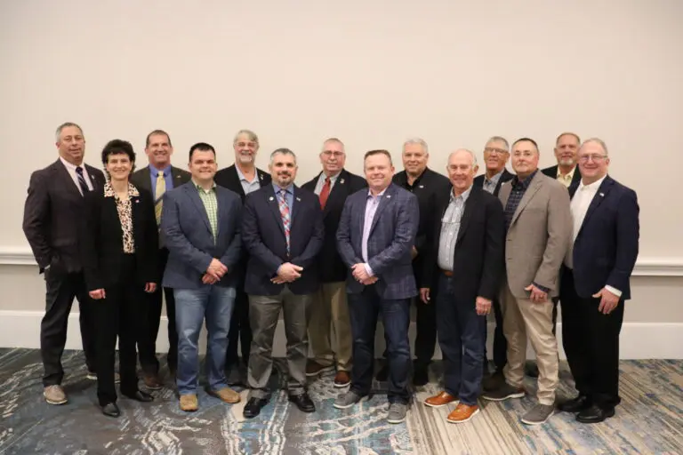 2023 NPPC board of directors. Front row: Lori Stevermer, Jeb Stevens, Dr. Jeremy Pittman, Jason Brester, Bob Ivey, Todd Marotz, Dwight Mogler; Back row: Terry Wolters, Scott Hays, Craig Andersen, Duane Stateler, Steve Malakowsky, Rob Brenneman, Francis Forst.