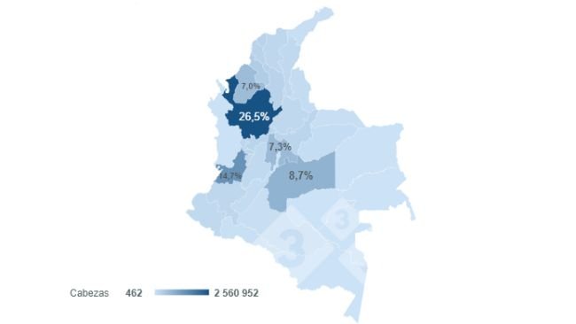 Figure 1. Distribution of the Colombian pig inventory by department in 2022. Prepared by 333 Latin America with data from the Colombian Agricultural Institute (ICA).
