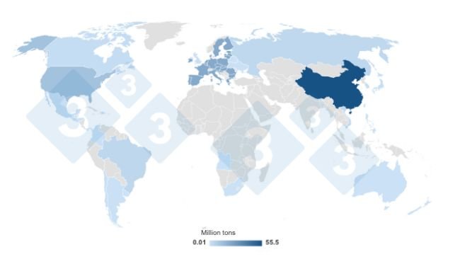 Map 1. Concentration of estimated world pork production in 2023. Prepared by 333 Latin America with data from the United States Department of Agriculture (USDA).