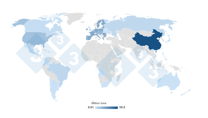 Map 1. Concentration of estimated world pork production in 2023. Prepared by 333 Latin America with data from the United States Department of Agriculture (USDA).