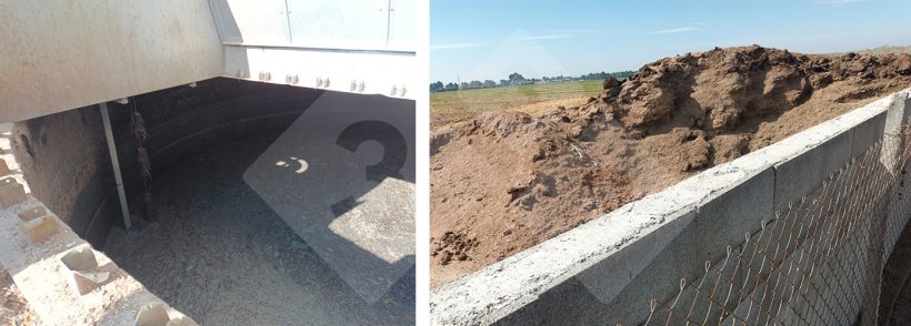 Left: Pre-lagoon mixing of slurry with the co-substrate, in this case corn silage. Right: corn silo.
