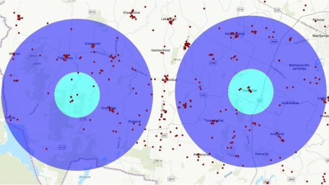 First outbreak of ASF (right) and second outbreak of ASF (left) with designated protection and surveillance zones and pig holding areas (red dots). Source: State Food and Veterinary Service (VMVT).