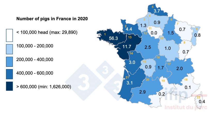 Distribution of the pig inventory in France in 2020. 1 Brittany, 2 Basse-Normandie, 3 Haute-Normandie, 4 Picardie, 5 Nord-Pas-de-Calais, 6 Champagne-Ardenne, 7 Lorraine, 8 Alsace, 9 Franche-Comt&eacute;, 10 Burgundy, 11 IDF, 12 Centre, 13 Pays de la Loire, 14 Poitou-Charentes, 15 Limousin, 16 Auvergne, 17 Rh&ocirc;ne-Alpes, 18 PACA, 19 Languedoc-Roussillon, 20 Midi-Pyr&eacute;n&eacute;es, 21 Aquitaine.
