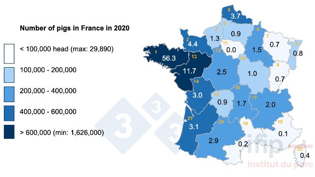 Distribution of the pig inventory in France in 2020. 1 Brittany, 2 Basse-Normandie, 3 Haute-Normandie, 4 Picardie, 5 Nord-Pas-de-Calais, 6 Champagne-Ardenne, 7 Lorraine, 8 Alsace, 9 Franche-Comt&eacute;, 10 Burgundy, 11 IDF, 12 Centre, 13 Pays de la Loire, 14 Poitou-Charentes, 15 Limousin, 16 Auvergne, 17 Rh&ocirc;ne-Alpes, 18 PACA, 19 Languedoc-Roussillon, 20 Midi-Pyr&eacute;n&eacute;es, 21 Aquitaine.
