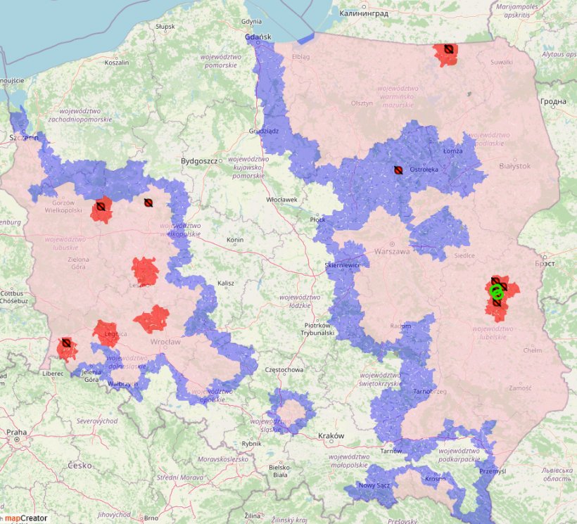 ASF outbreaks number 11 and 12 are marked in green. Red dots indicate ASF outbreaks that have occurred since the beginning of 2023. (Source: GIW)
