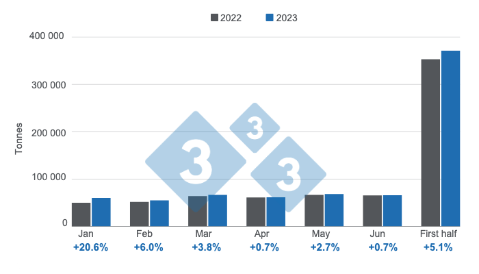 Graph 1. Evolution of Argentine pork production in the first half of 2023. Prepared by 333 Latin America with data from the Secretariat of Agriculture, Livestock and Fisheries of the Ministry of Economy of Argentina.
