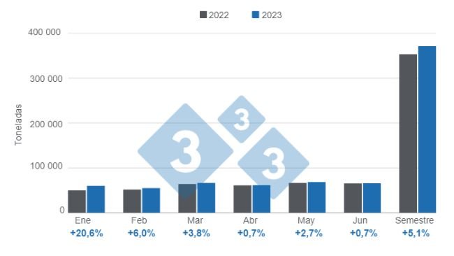 Graph 1. Evolution of Argentine pork production in the first half of 2023. Prepared by 333 Latin America with data from the Secretariat of Agriculture, Livestock and Fisheries of the Ministry of Economy of Argentina.