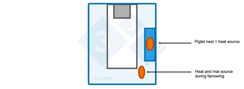 Figure 1. Disposition of sow crate and management of temperatures (for both sows and piglets) in farrowing rooms
