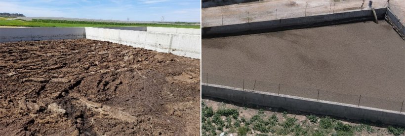 Figure 1. 40-60% reduction efficiency of NH3 emissions with floating materials: in the photo on the left, compact natural crust with filling and emptying under crust and in the photo on the right, LECA. (Image provided by Arvet).
