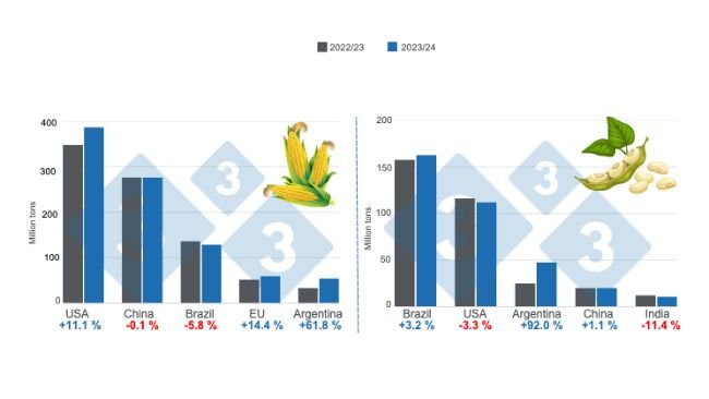 Graph 1. Crop projections for the leading world corn and soybean producers - 2023/24 season versus 2022/23 season. Prepared by 333 Latin America with data from FAS - USDA.