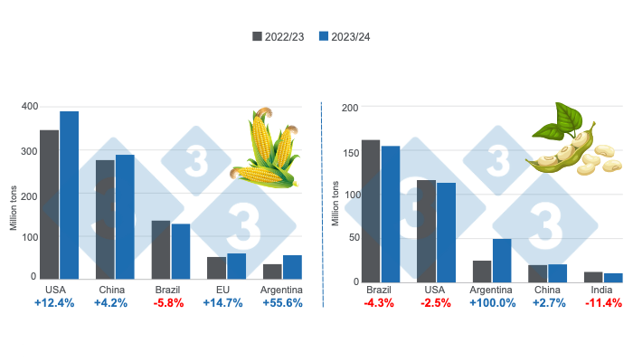 Graph 1. Harvest projections for the main world producers of corn and soybeans - 2023/24 campaign versus 2022/23. Prepared by 333 Latin America with data from FAS – USDA.